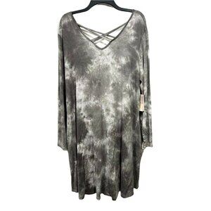 A Beautiful Soul Tie Dye Tunic Dress Dusty Olive Stretch‎ Knit V-Neck L/S NWT